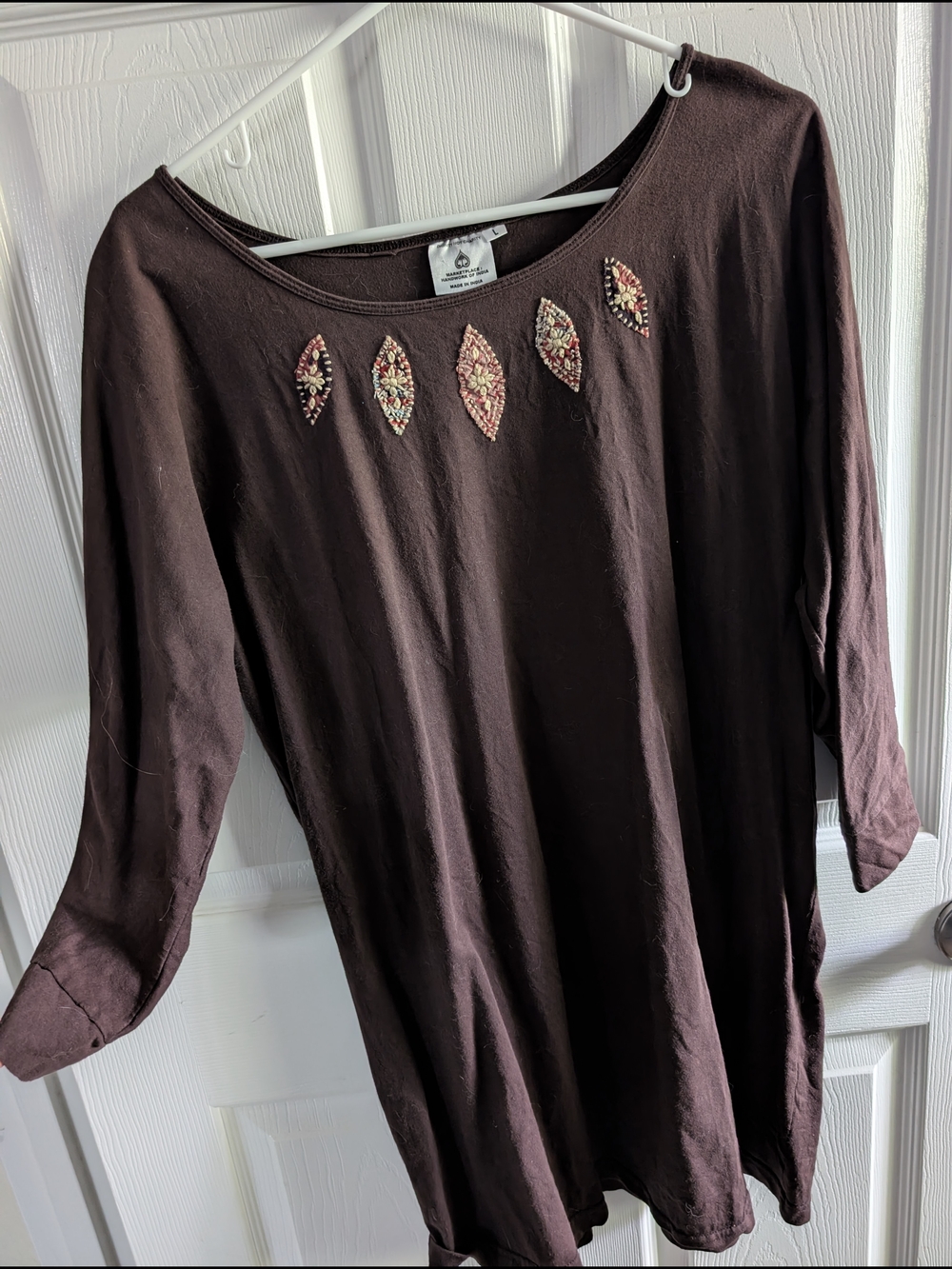 Embroidered Scoop Neck Tunic - Brown
